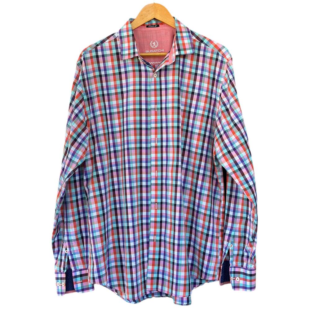 BUGATCHI UOMO Men's Large Long Sleeve Multi-Colored Plaid Check Cotton Shirt